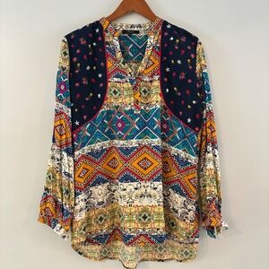 Madame Blouse XL Colorful Geometric Floral Embroidered Boho Festival Hippie